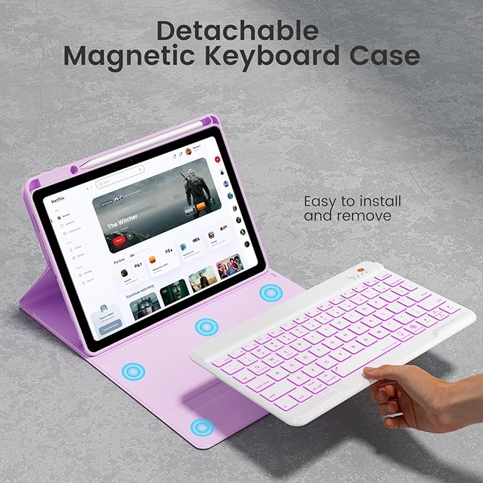 OPAKIT Keyboard Case for iPad Air 5th/4th Pro 11 inch, 7-Color Backlit Detachable Wireless Keyboard Case with Pencil Holder, Stand Folio Cover for Gen 2020/2022, Pro 4th/3rd/2nd/1st Gen, Purple…