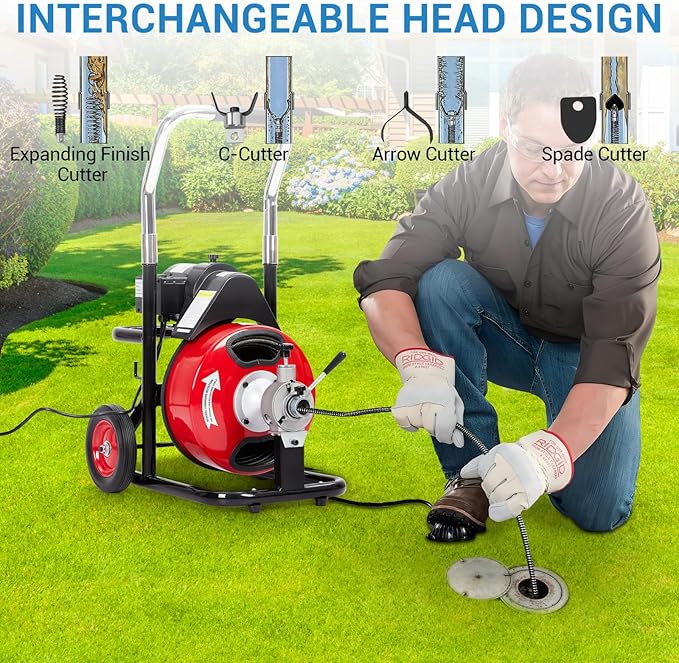 Drain Cleaner Machine 75FT x 3/8 Inch, Professional Sewer Snake Auger with 250W Motor, Auto Feed, 8/4 Cutters, Foot Switch & Wheels, Gloves, Semi-Enclosed Drum, Portable Plumbing Tool for 1"-4" Pipes