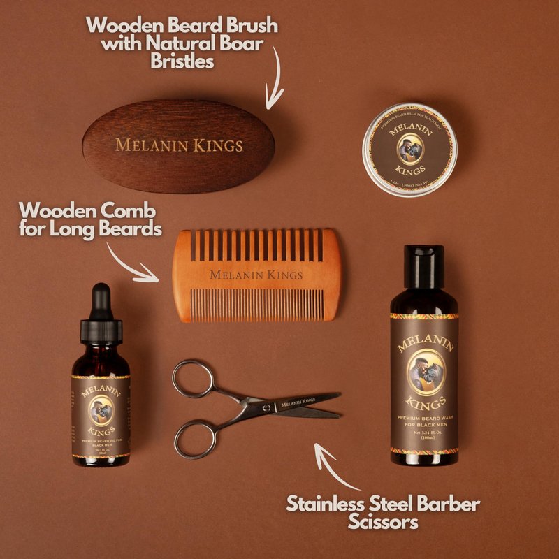 Melanin Kings Beard Grooming Kit for Men - Formulas With Ancient African Natural Ingredients | Beard Wash, Oil, Balm, Brush, Comb, Trimming Scissors