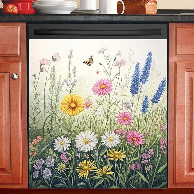 Dishwasher Magnet Cover 23x26 in Realistic Garden Wildflowers and Monarch Butterfly Magnetic Dishwasher Cover for Kitchen Appliance Decoration Front Panel Sticker Panel Home Decor