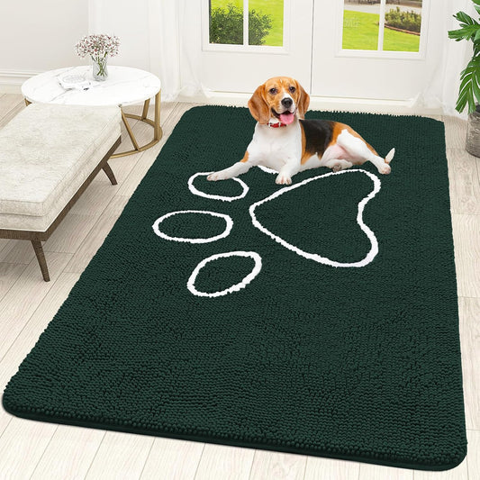 OLANLY Dog Door Mat - Absorbent Non-Slip Muddy Paws Doormat | 59x35, Quick Dry Chenille, Blackish Green