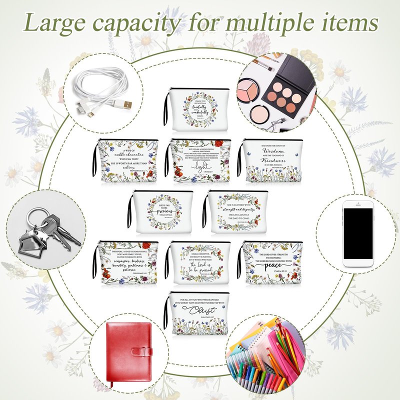 Talltalk 20 Pcs Christian Makeup Bags 10 Styles Bible Cosmetic Bags Bulk Bible Cover Floral Makeup Bag with Handle Inspirational Christian Religious Gifts for Women Godmother Church VBS Gifts