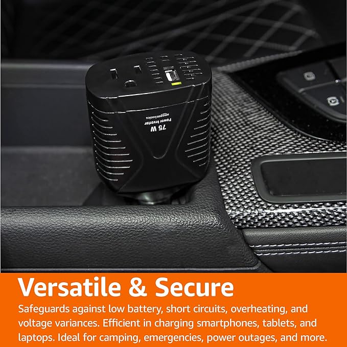 Amazon Basics 75W Portable Car Power Inverter, 12V to 110V, USB Charging Port, AC Outlet for Vehicles, Black, 5.07 x 2.65 x 1.6 inches