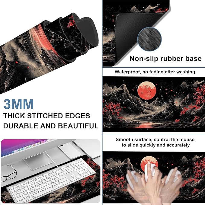 NITAHHHY Chinese Style Painting Gaming Mouse Pad 3mm Thick Stitched Edge Waterproof Non-Slip Large Computer Keyboard Mouse Mat,Suitable for Office Entertainment Decorative Desk Pad 35.4 x 15.7 Inches