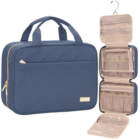 NISHEL Travel Toiletry Bag for women, Portable Hanging Organizer for Travel-Sized Shampoo, Conditioner, Brushes Set, Makeup Accessories, Medium Size, Aegean-Blue