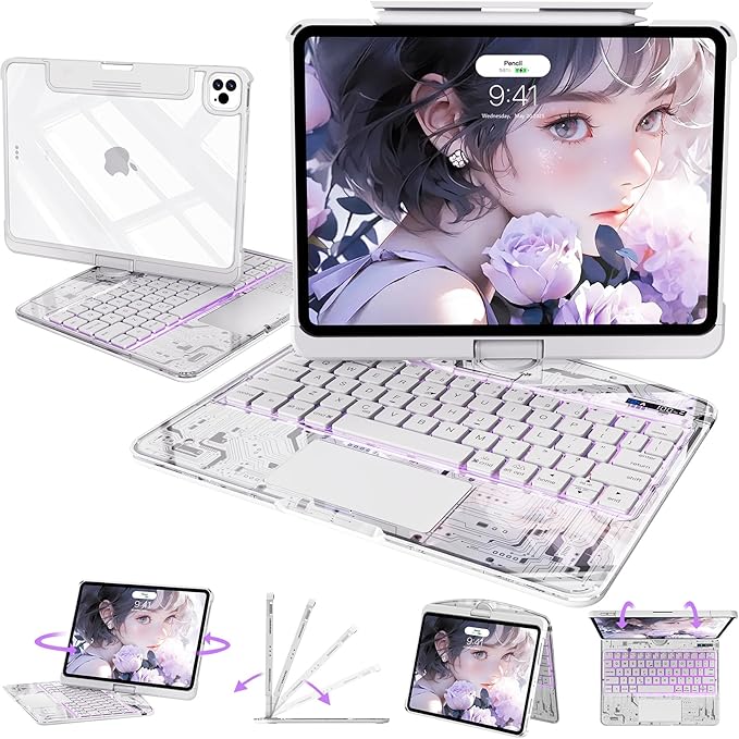 Intermerge Clear Keyboard Case for iPad Pro 13"(M5,2025/ M4,2024), 360° Swivel Multi-Touch Trackpad, 7-Color RGB Backlit, Pencil Holder, Type-C, Power Indicator, Frost Pulse