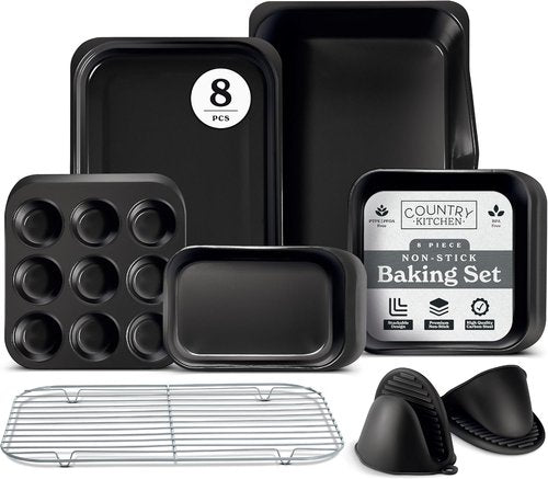 Country Kitchen Nonstick Bakeware Set - Deluxe Heavy Duty & Easy Release, 8 Pcs, Black