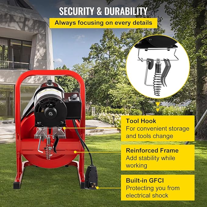 VEVOR Drain Cleaner Machine, 75 Ft x 3/8 Inch, Drain Cleaning Machine Fits 1 to 4 Inch Pipes, Portable Drain Auger Cleaner with 4 Auger Bits, Electric Drain Auger Plumbing Tool