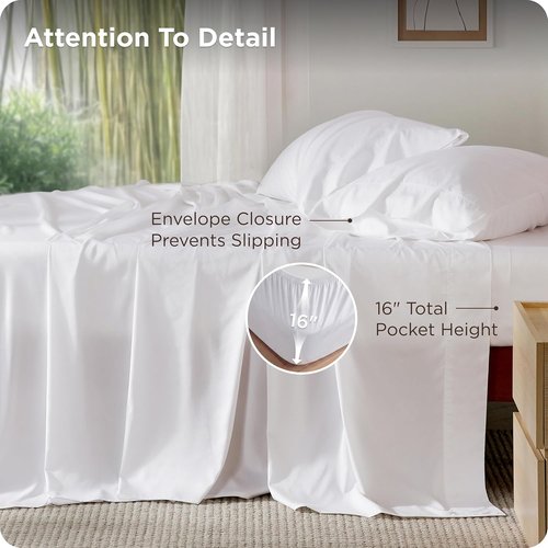 Bedsure Queen Sheet Set - Cooling Rayon Bamboo Sheets | Breathable & Soft, Deep Pocket Up to 16" - White