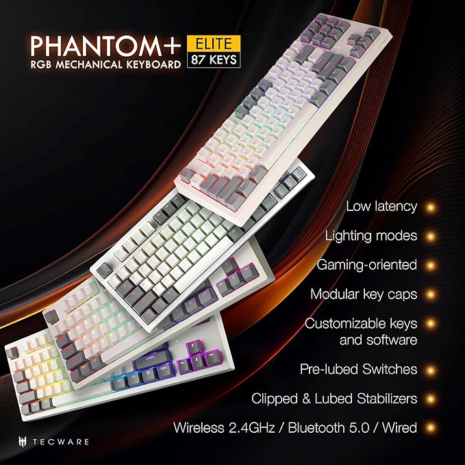 TECWARE Phantom+ Elite 87 Key RGB Mechanical Gaming Keyboard | 3-Mode Wireless Bluetooth 5.0, 2.4GHz & USB-C Wired | Hot-Swappable 5-Pin | Double-Shot PBT Keycaps | Wraith Brown Switch - White