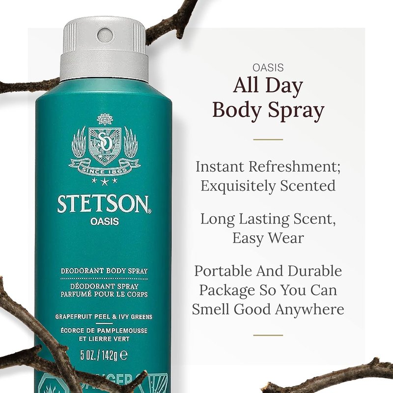 STETSON All Day Body Spray for Men - Refreshing Grooming Essential - 5 oz | Oasis Scent - 3 Pack