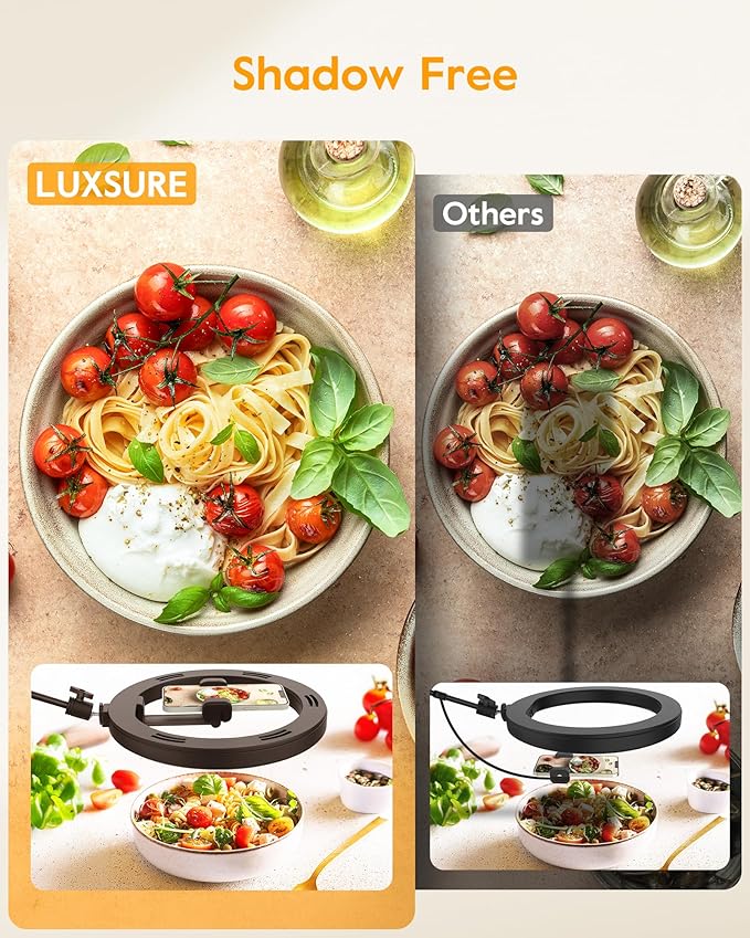 LUXSURE Ring Light with Stand for Desk,Adjustable Overhead Phone Mount with 10" Selfie Light Phone Tripod with Ring Light and Remote, Phone Stand with Light for Video Recording,Live Stream,Cooking