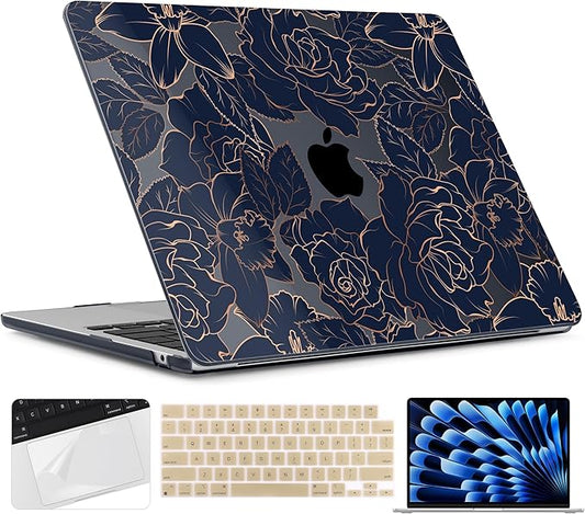 TWOLSKOO for MacBook Air 15 inch Case 2026 2025 2024 2023 Release M5 A3448 M4 A3241 M3 A3114 M2 A2941, Plastic Hard Shell & Screen Protector & Keyboard Cover & Trackpad Film, Elegant Roses