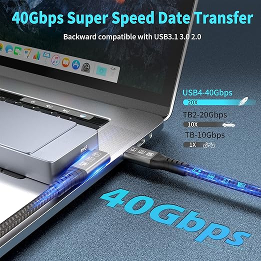 CHENLENIC USB4 Cable, with Thunderbolt 4 Cable, 240W Charging, 40 Gbps Data, 8K @ 60Hz HDR, USB C to USB C, 90Degree for Hub, Dock MacBook, M2, M3, Mac SSD (90Degree USB4 40G 240W 1M)