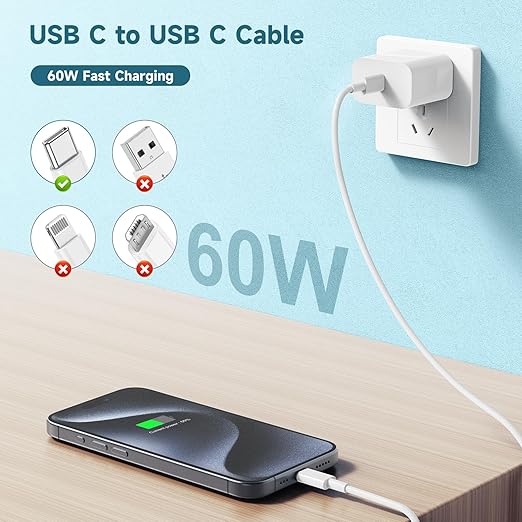 60W USB C to USB C Cable 3Pack 6FT Fast Charging Cord for iPhone 17/16/15, Samsung Galaxy S26/S25/S24, MacBook Air/Pro, iPad Pro, Durable USB-C Charger Cable with PD 3.0 & Data Sync