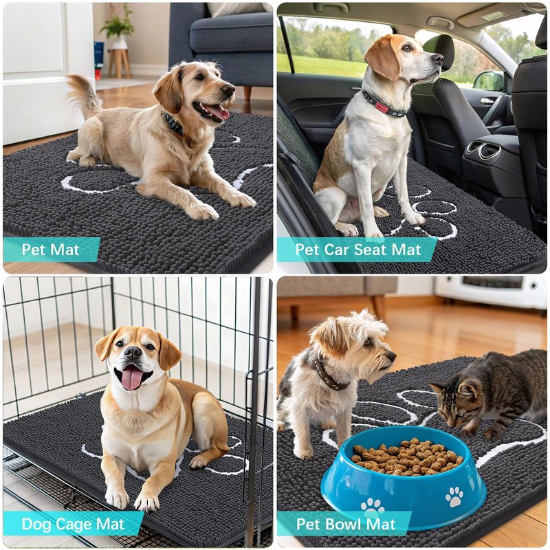 OLANLY Dog Door Mat for Muddy Paws 24x16, Paw Print Design, Absorbs Moisture and Dirt, Absorbent Non-Slip Washable Doormat, Quick Dry Chenille Mud Mat for Dogs, Entry Indoor Entryway Carpet, Dark Grey