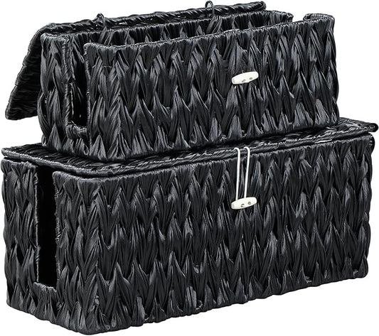 Coeusy Black Cable Management Box,2 Pack Large & Medium Rattan Cable Organizer Box for Power Strip,2 Open Slots Cords Hider Box for TV Wires, Computer, Router, USB Hub and Under Desk Power Strip