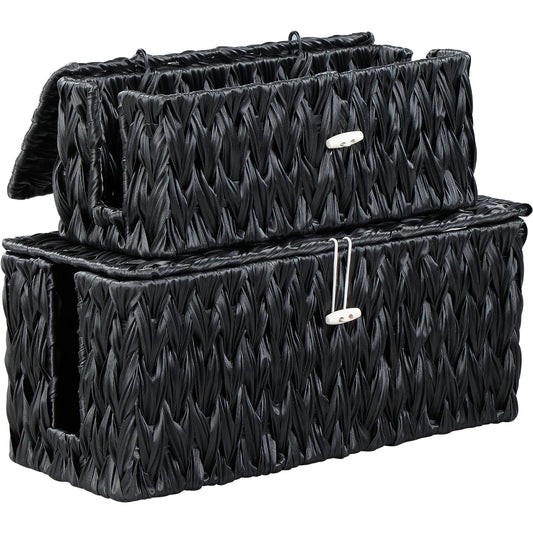 Coeusy Black Cable Management Box,2 Pack Large & Medium Rattan Cable Organizer Box for Power Strip,2 Open Slots Cords Hider Box for TV Wires, Computer, Router, USB Hub and Under Desk Power Strip