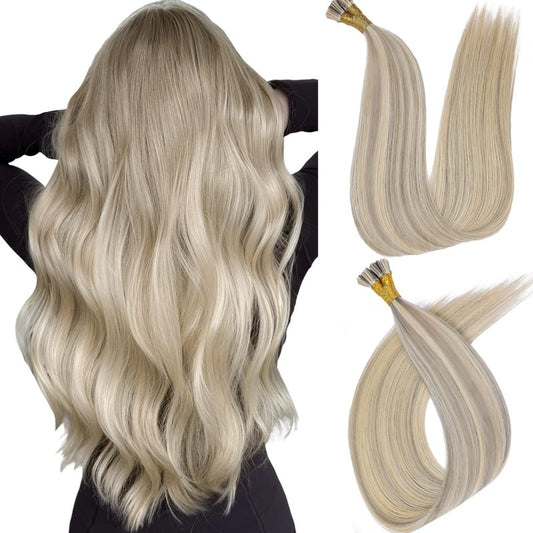 KiiKiiGirl Virgin I Tip Hair Extensions Human Hair 14 Inch #16/60 Blonde Highlight Golden Mixed Grayish Brown Itip Human Hair Extensions Invisible Silky Straight 30g/43s