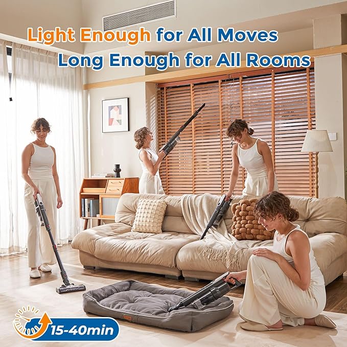 RONEAIR Cordless Vacuum Cleaner Ultra-Lightweight, Pet Vacuum Cleaners for Home with Powerful Suction, Stick Vacuum Cordless Rechargeable, Household Vacuum for Hardwood Floor, Carpet, Pet Hair, Car