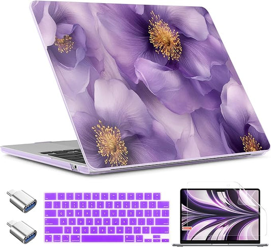 TWOLSKOO for MacBook Air 15 inch Case 2026 2025 2024 2023 Release M5 A3448 M4 A3241 M3 A3114 M2 A2941, Plastic Hard Shell & Screen Protector & Keyboard Cover & Type C Adapter, Purple Flowers