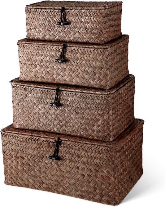 Woanger Wicker Storage Baskets Set of 4 - Handwoven Organizers with Lids for Home Office | Coffee Color