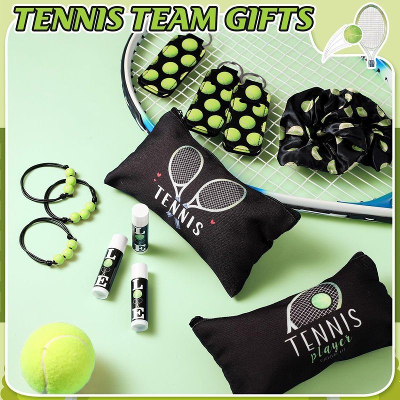 Dansib 60 Pcs Tennis Lover Gifts Set Tennis Party Supplies Include 12 Makeup Bag, Hair Scrunchies, Charm Bracelets, Lipstick and Lipstick Holder Keychain for Female Athletes