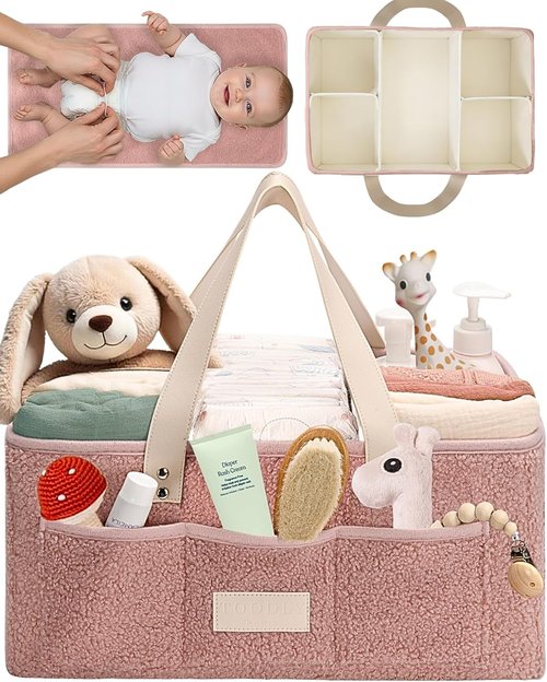 Baby Diaper Caddy Organizer - Portable Changing Mat & Removable Dividers - Teddy Fleece Design