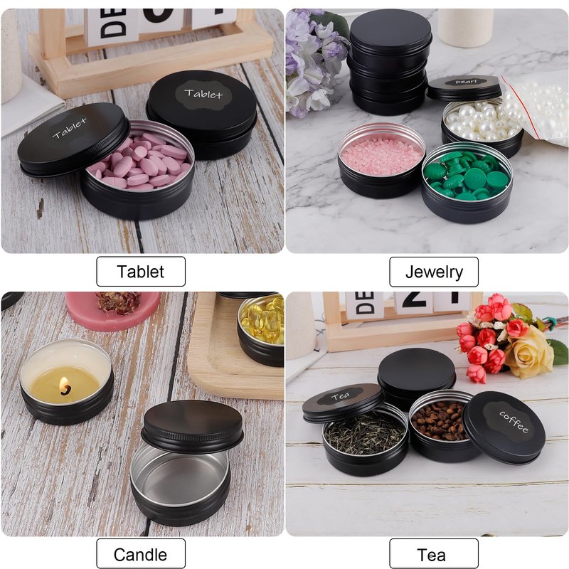 OBKJJ 60 Pack Round Cans with Screw Lid 4 Oz Aluminum Metal Tins DIY Food Candle Containers for Lotion Bars, Balms, Salve, Spices, Beard Balm, Crafts with 4 Markers 2 Sheets Label Stickers