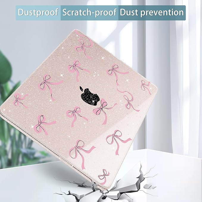May Chen Case for MacBook Air 13/13.6 inch M5 A3449 M4 A3240 M3 A3113 M2 A2681, 2026 2025 2024-2022, Plastic Hard Shell with Keyboard Cover & Screec Protector, Sakura Pink Glitter Bow