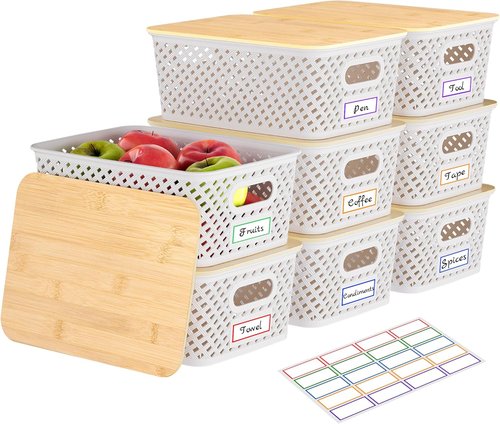 Anysig Plastic Storage Bins - 8 Pack Stackable Baskets with Bamboo Lids for Organizing | Cream White