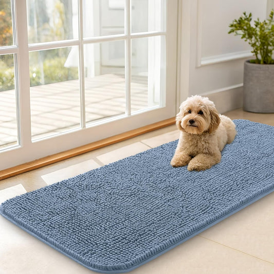 OLANLY Dog Door Mat - Absorbent Non-Slip Chenille for Muddy Paws | Quick Dry 47x20, Airy Blue