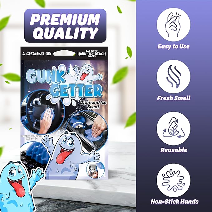 Gunk Getter Car Cleaning Gel 12 Pack for Those Hard to Reach Places, Automotive Cup Holder Electronic Keyboard Office, Slime Gel Cleaner Dust Crumb Removal (Diamond Ice, 12 Pack)