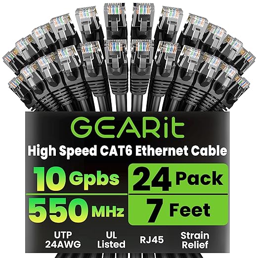 GEARit Cat 6 Ethernet Patch Cables 7 ft Black (Cat 6 Ethernet Cables 7 ft 24-Pack), CAT6 High Speed 24AWG 10Gbps RJ45 Snagless Gold-Plated, Ethernet Cable for Router, Switch, PC, PS5 Gaming, Server