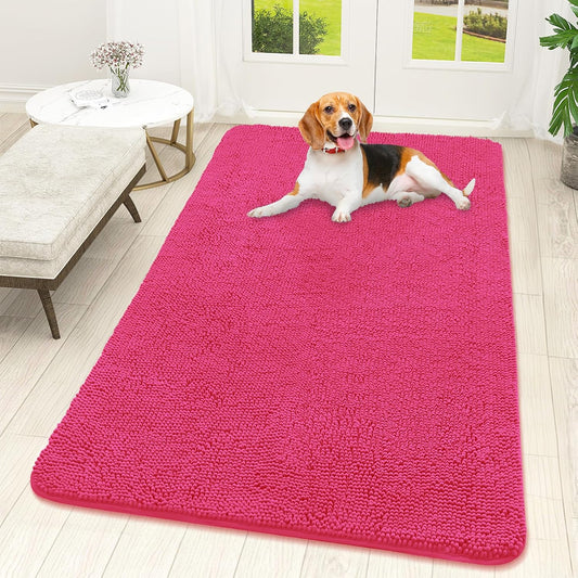 OLANLY Dog Door Mat - Absorbent Non-Slip Chenille for Muddy Paws | Quick Dry Indoor Entryway Carpet 59x32, Hot Pink