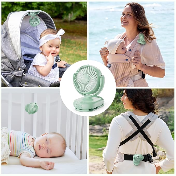 Momcozy Portable Stroller Fan with Clip | 4-Speed Mini-Fan for Carrier | Personal Fans Ultra Light 0.26lb | Gaps ≤4.5mm | Handheld Cooling | Rechargeable Rotate for Diaper Backpack/Table