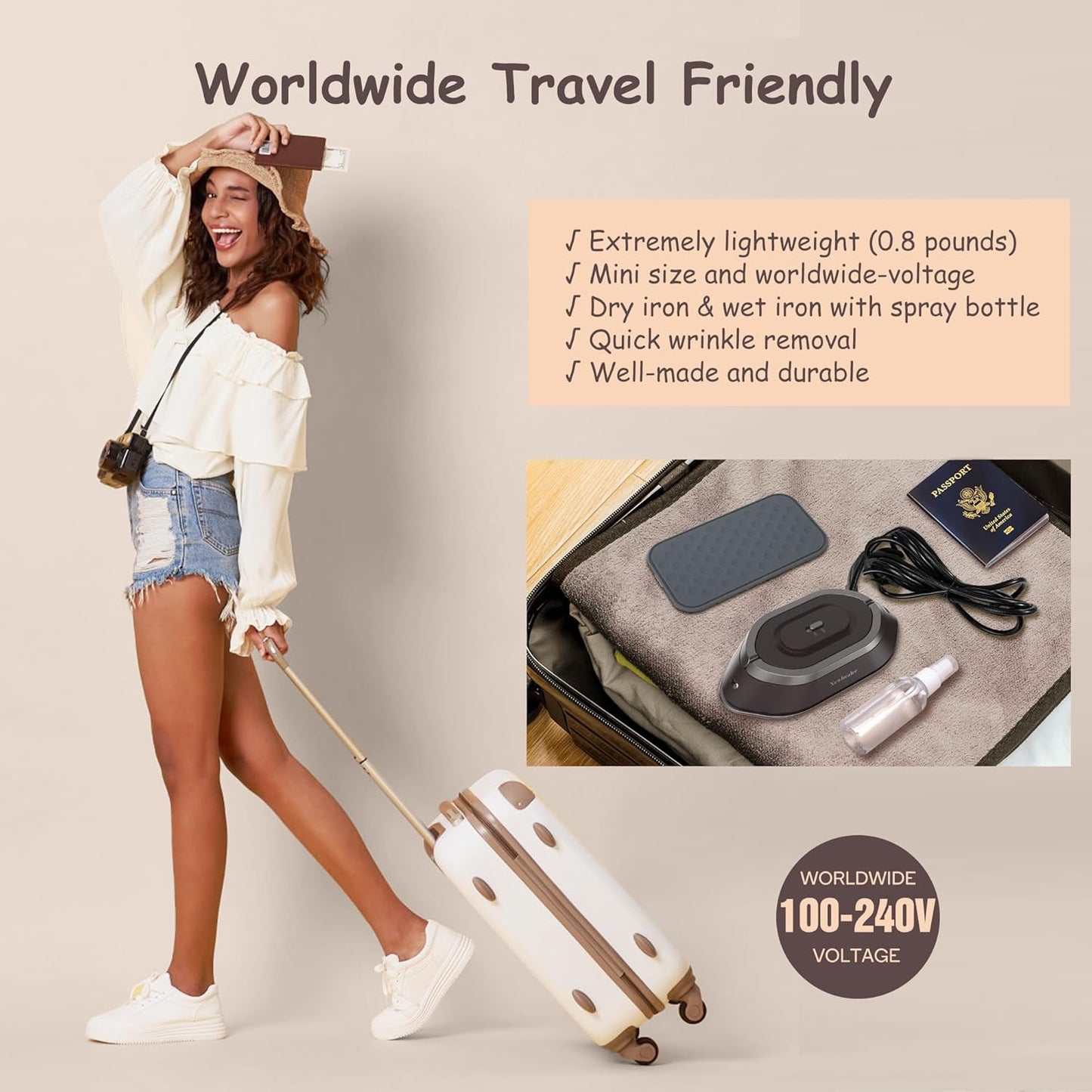 Newbealer Travel Iron - Mini Dry Iron with Global Voltage, 300W, Non-Stick Soleplate | Ultra-Lightweight, Brown