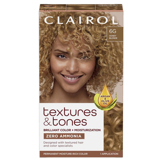 Clairol Textures & Tones Permanent Hair Dye, 6G Honey Blonde Hair Color | Ammonia-Free | Moisture-Rich Formula with Argan, and Olive Oil for Brilliant Shine | Pack of 1