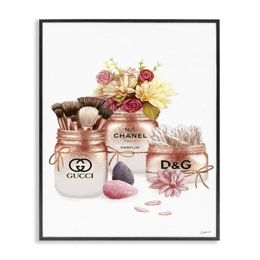 Stupell Industries 'Fashion Cosmetic Jars and Floral Bouquet', Framed Giclee Art, Black, 16 x 20 Inches, Easy to Hang and Sturdy, Made in USA, by Ziwei Li