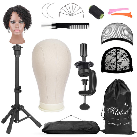 Klvied Desktop Wig Stand Set with 22 Inch Cork Canvas Head, Adjustable 15.4-22.4 Inch Stand, Table Clamp Wig Holder for Wig Display, Trimming and Styling Practice