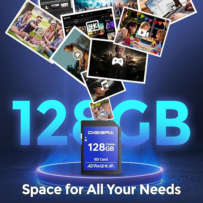DIGIERA 128GB LS100 SDXC UHS-I Memory Card - up to 170MB/s, C10, U3, V30, 4K UHD, SD Card for Computers, Digital Cameras, Home Theatre Devices, Car Navigation Systems (1 Pack)