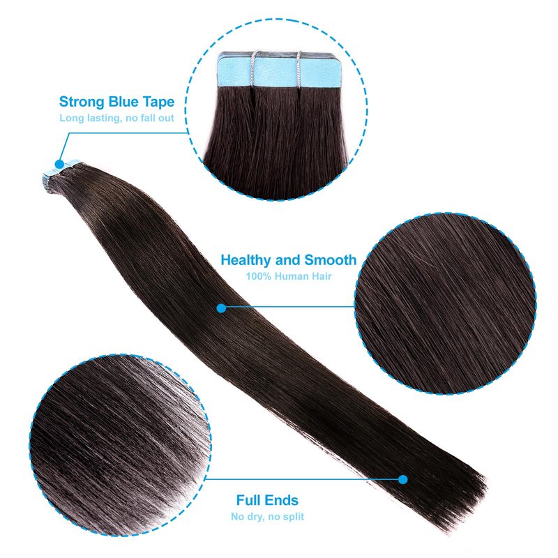Tape in Hair Extensions Human Hair,18 Inch Human Hair Tape in Extensions 20PCS Natural Black Remy Real Human Hair for Women Invisible Straight Hair Extensions Real Human Hair