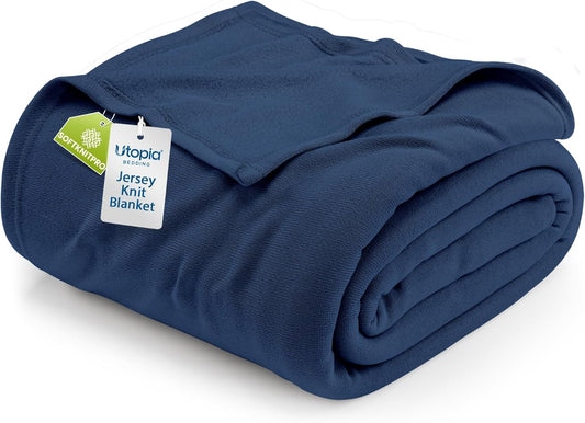 Utopia Bedding Knit Blanket - Soft Lightweight Jersey Queen Size (90x90 Inches) in Navy | Breathable Comfort for Bed & Couch