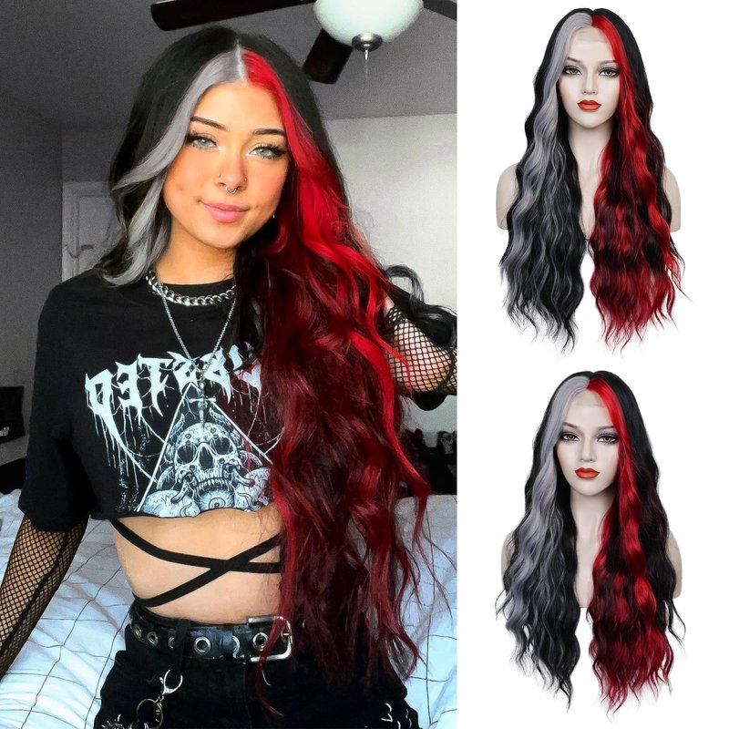 WECAN Black Red Gray Wig 28 Inches Long Black Red Wavy Wigs For Women Synthetic Hair Replacement Wigs Halloween Cosplay Daily Party Heat-Resistant Fiber Wig