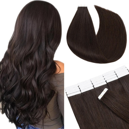 SEGO Tape In Hair Extensions Human Hair, 20pcs 40g 14 Inch Dark Brown Remy Straight Human Hair Tape In Extensions for Women -#02 Dark Brown