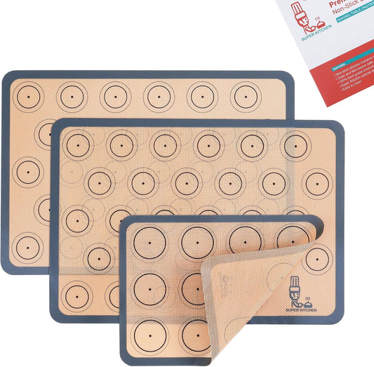 Silicone Baking Mat Macaron - Non-Stick Set of 3 Half & Quarter Sheet Liners | 16.5x11.6, Grey