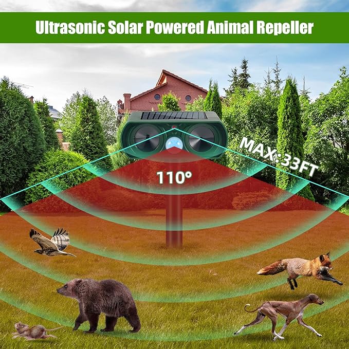 2 Pcs Upgraded Solar Animal Repellent Ultrasonic Outdoor for Cats Squirrels Racoons Rabbits Foxs Dogs Skunks Deer Repellent Devices Waterproof Motion Sensor Animal Repeller Deterrent for Yard Garden