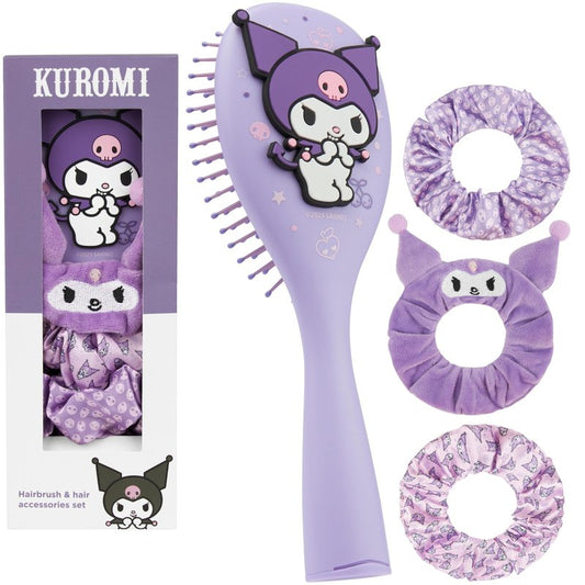 Hello Kitty Sanrio Hair Brush & Scrunchies Set, Kawaii Kuromi, Cinnamoroll Cute Stuff, Detangler Brush, Gifts for Women, Wife, Girlfriend, Girls, Teens (Kuromi Brush & Scrunchies)