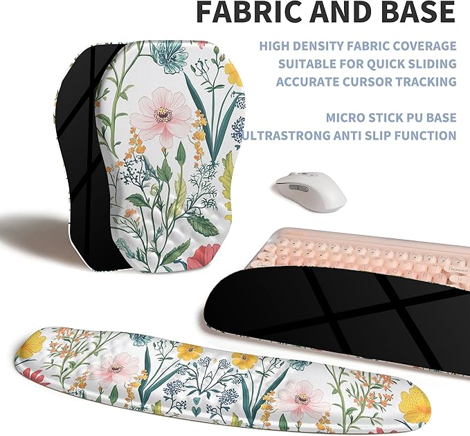 Gleamtide 2-in-1 Ergonomic Set, Wave Keyboard Wrist Rest and Massage Slope Mouse Pad Wrist Support, Rebound Memory Foam for Relieve Carpal Tunnel Syndrome and Wrist Pain (Pink Flowers)