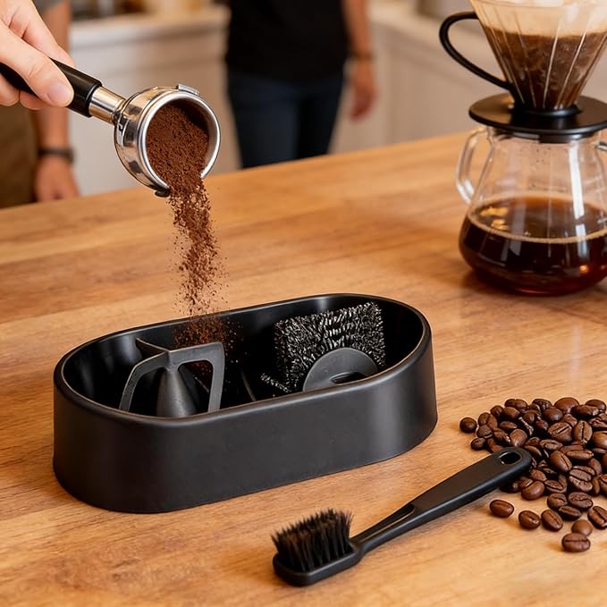 Premium Espresso Clean Holder，Coffee Portafilter Cleaning Kit，Automatic Knock Box Cleaner for 51/53/58mm, Easy Cleaning of Your Coffee Puck (1Pcs)，Electric Automatic Knock Box Cleaner (THREE)